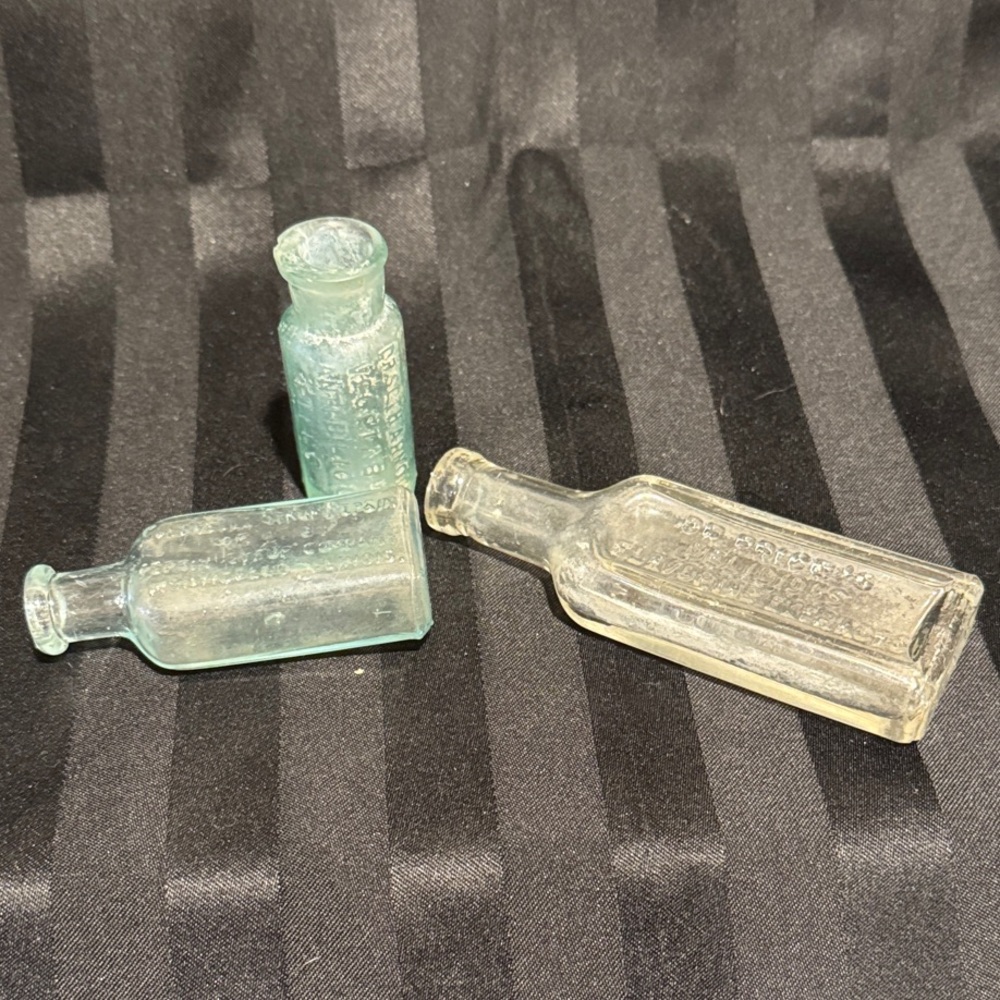 Three Vintage Glass Apothecary Bottles - Light Aqua, Green and Clear